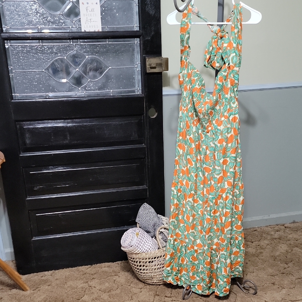 NWT DAVI & DANI Vibrant Green and Orange Halter Dress Smocked Top Woman Size 2XL